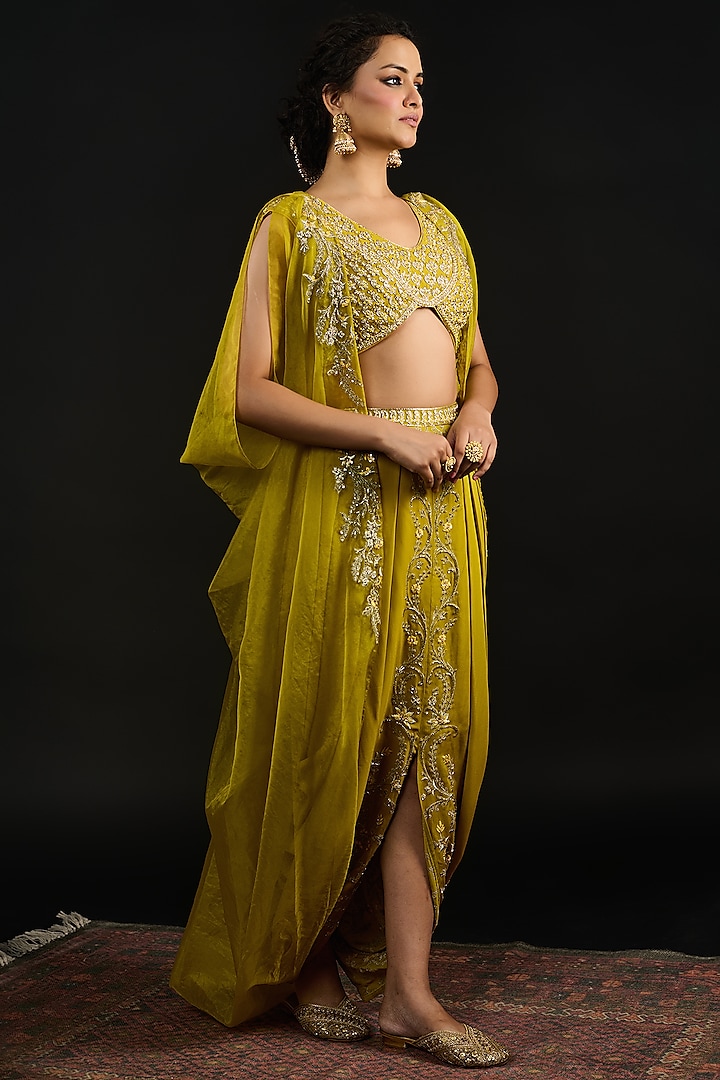 Lime Green Organza Hand Embroidered Cape Set by Reeti Arneja at Pernia's Pop Up Shop